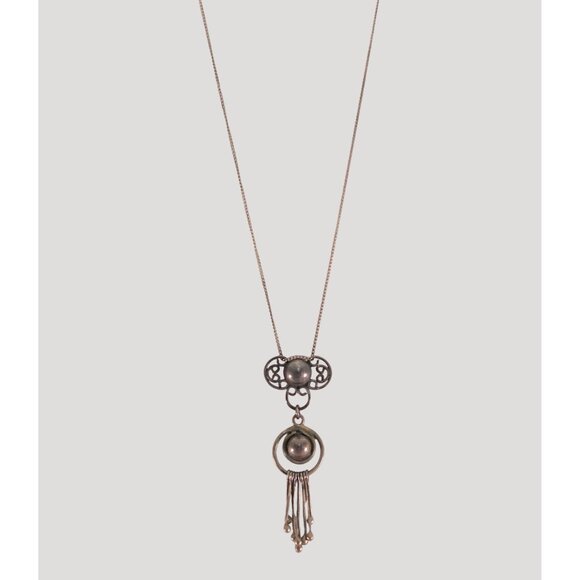 Vintage Silver Pendant Necklace Art Nouveau Design Dangling Beads 13 Inch Chain - Picture 2 of 10